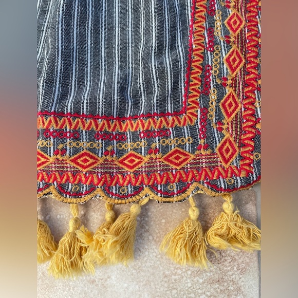 Shop the Mint Gray Striped Embroidered Wrap Short Summer Skirt With Tassels; M - Picture 3 of 6